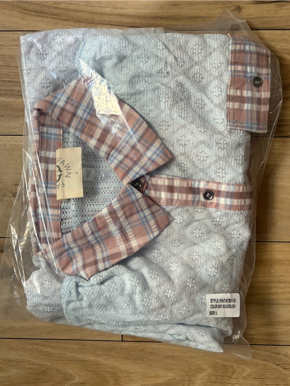 NIP Fantastic Fawn “Sky Blue🩵Blush💗Mixed Media Lace/Plaid Button-Up Shirt” LRG - Picture 7 of 16